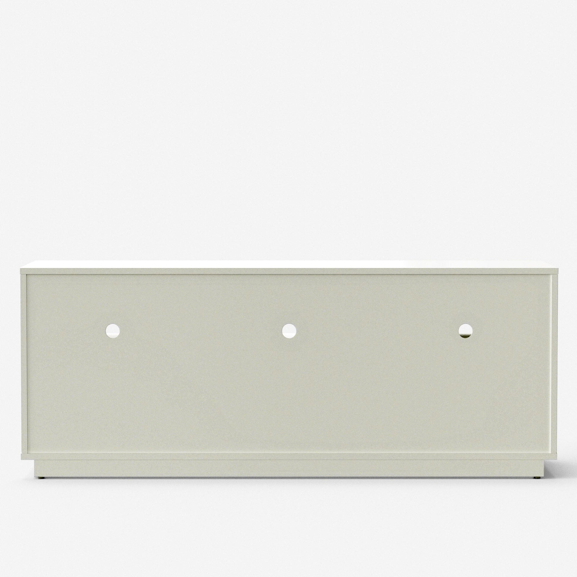 Blanca TV Console, White, a handcrafted Mahogany wood TV stand with a sleek design and cable management holes.