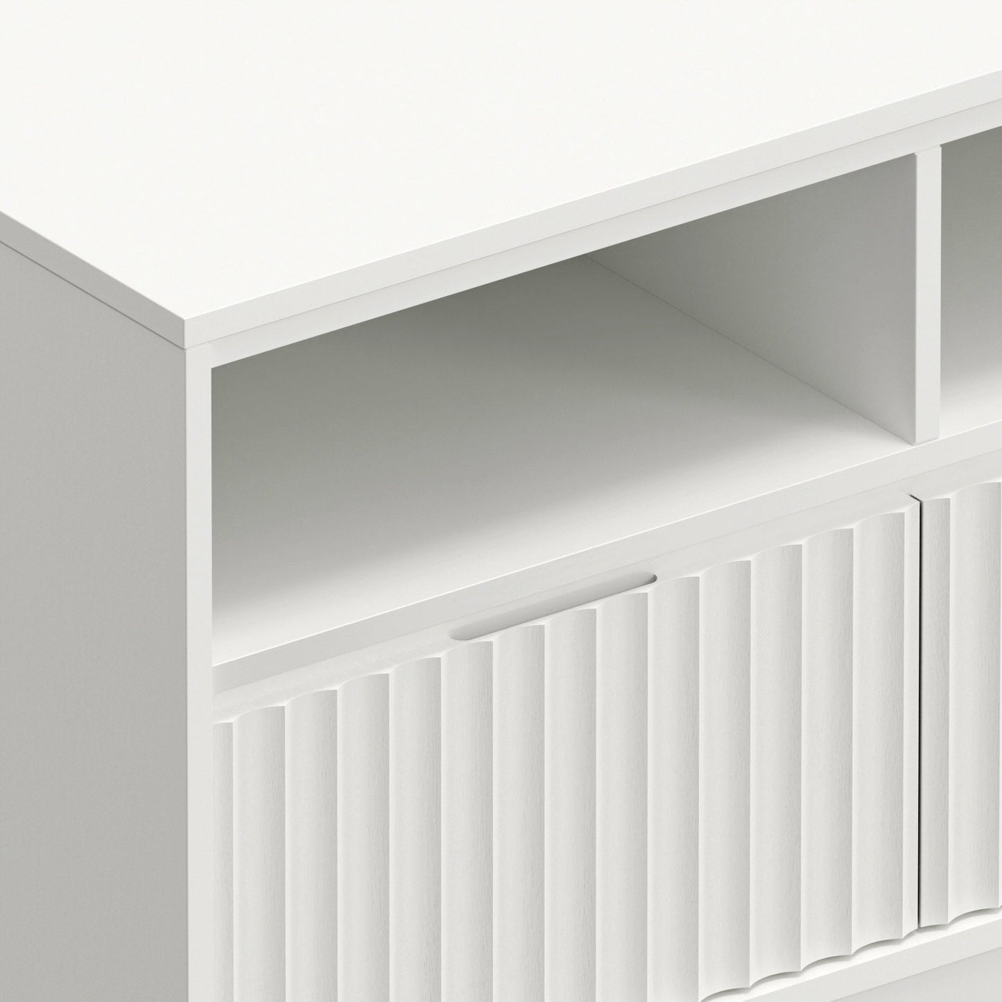 Close-up of the Blanca TV Console in white, showcasing its shelves and textured cabinet doors.