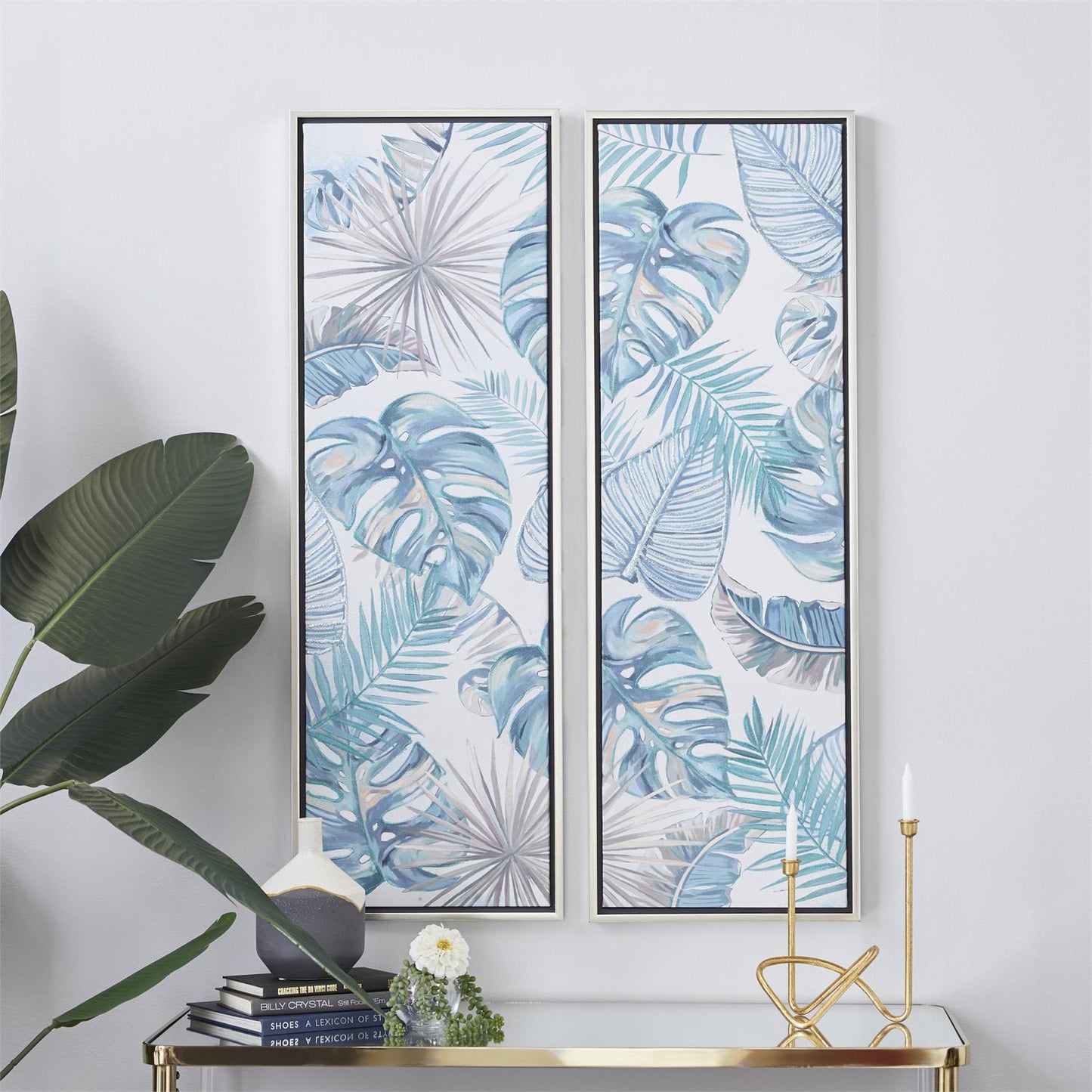 Blue Canvas Leaf Tropical Framed Wall Art with Silver Frame, Set of 2