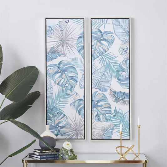 Blue Canvas Leaf Tropical Framed Wall Art with Silver Frame, Set of 2