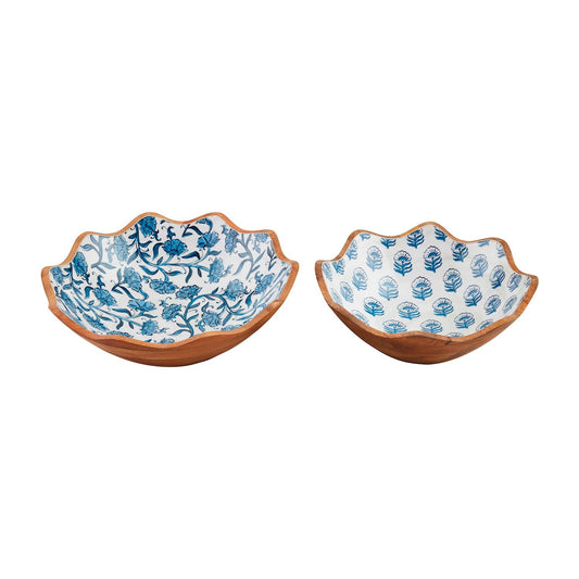 Blue Floral Block Print Enamel Mango Wood Bowl