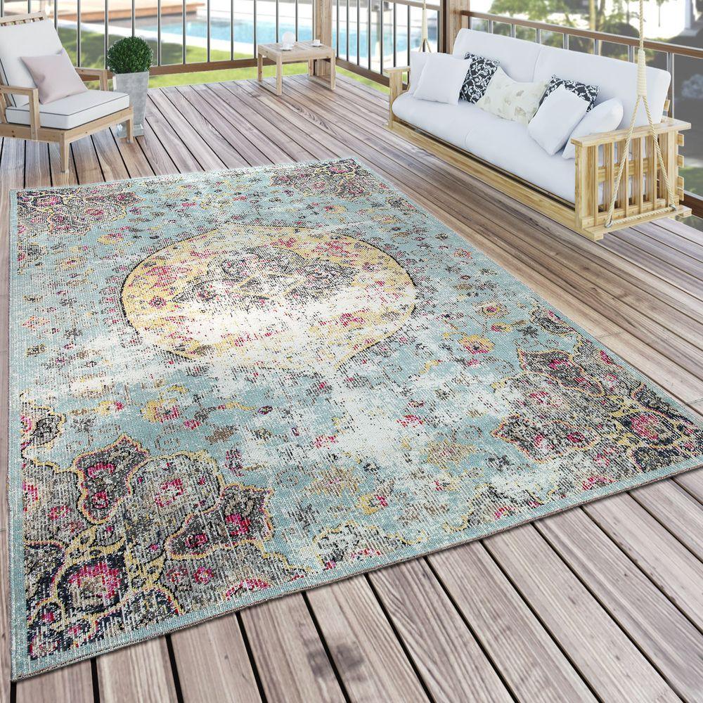 Blue Outdoor Rug Oriental Design Pastel Colors