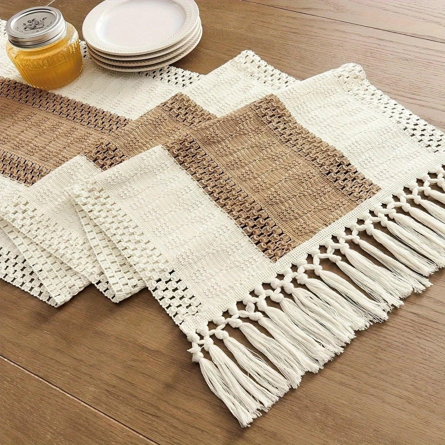 Bohemian Chic Table Runner Farmhouse Rustic Cream and Brown Macrame Crochet with Tassels