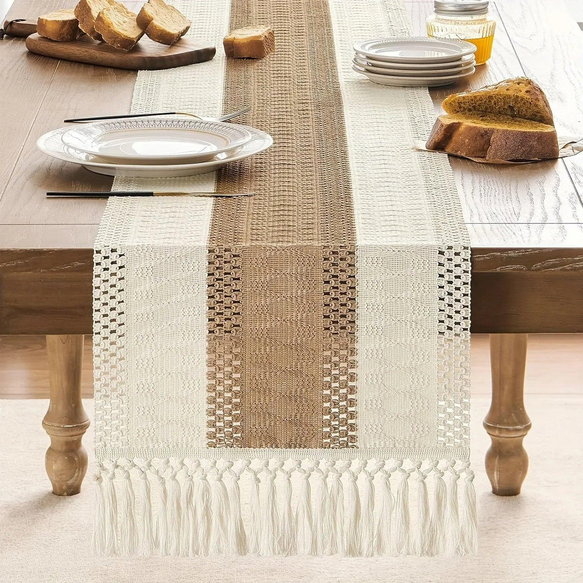 Bohemian Chic Table Runner Farmhouse Rustic Cream and Brown Macrame Crochet with Tassels