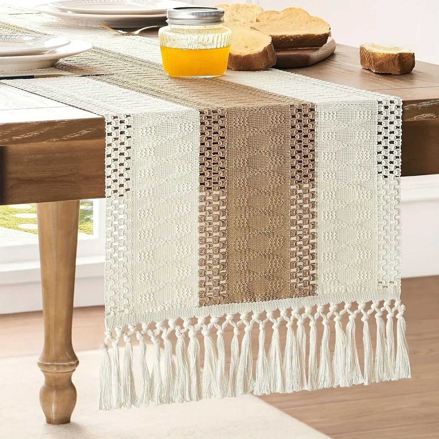 Bohemian Chic Table Runner Farmhouse Rustic Cream and Brown Macrame Crochet with Tassels
