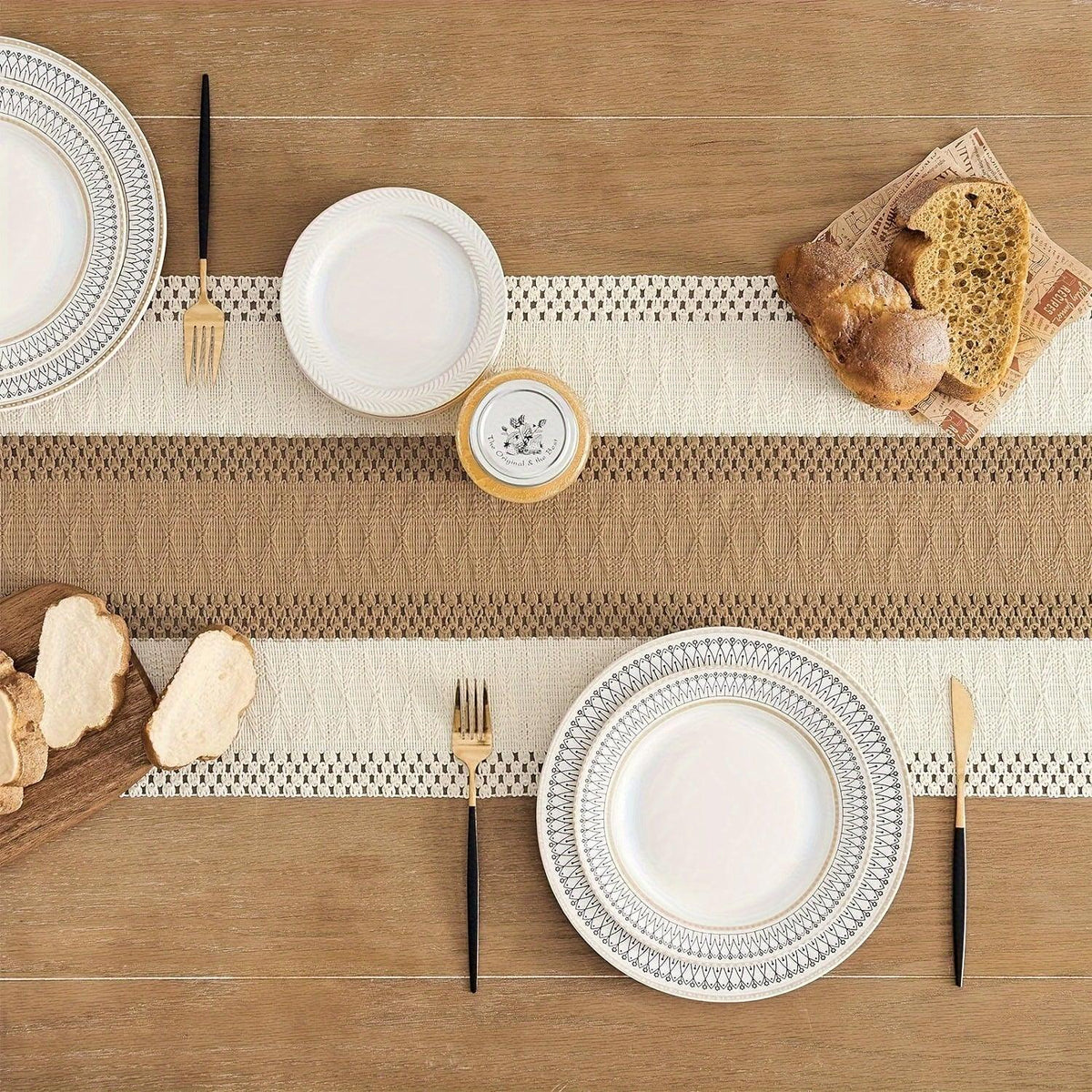 Bohemian Chic Table Runner Farmhouse Rustic Cream and Brown Macrame Crochet with Tassels