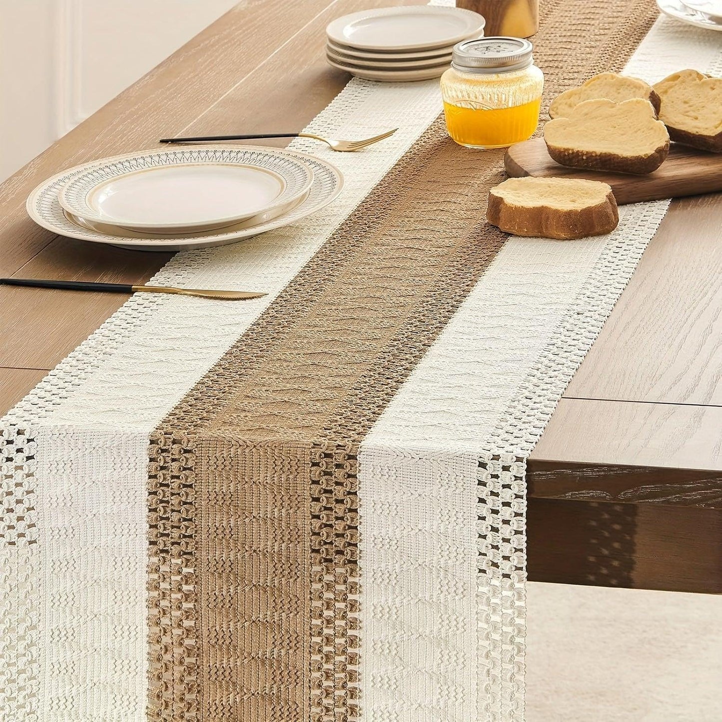 Bohemian Chic Table Runner Farmhouse Rustic Cream and Brown Macrame Crochet with Tassels