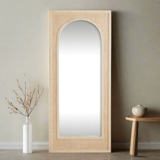Boho Rattan Wall Mirror in Tall Arched Design