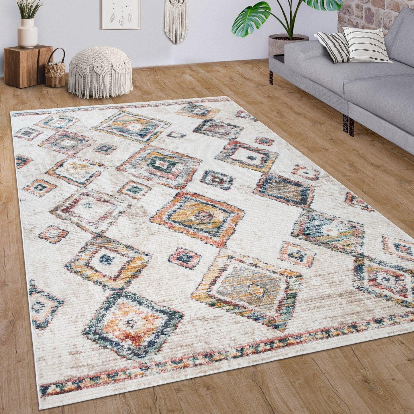 Boho Rug Cream Colorful Ethnic Diamond Pattern Ripped Design