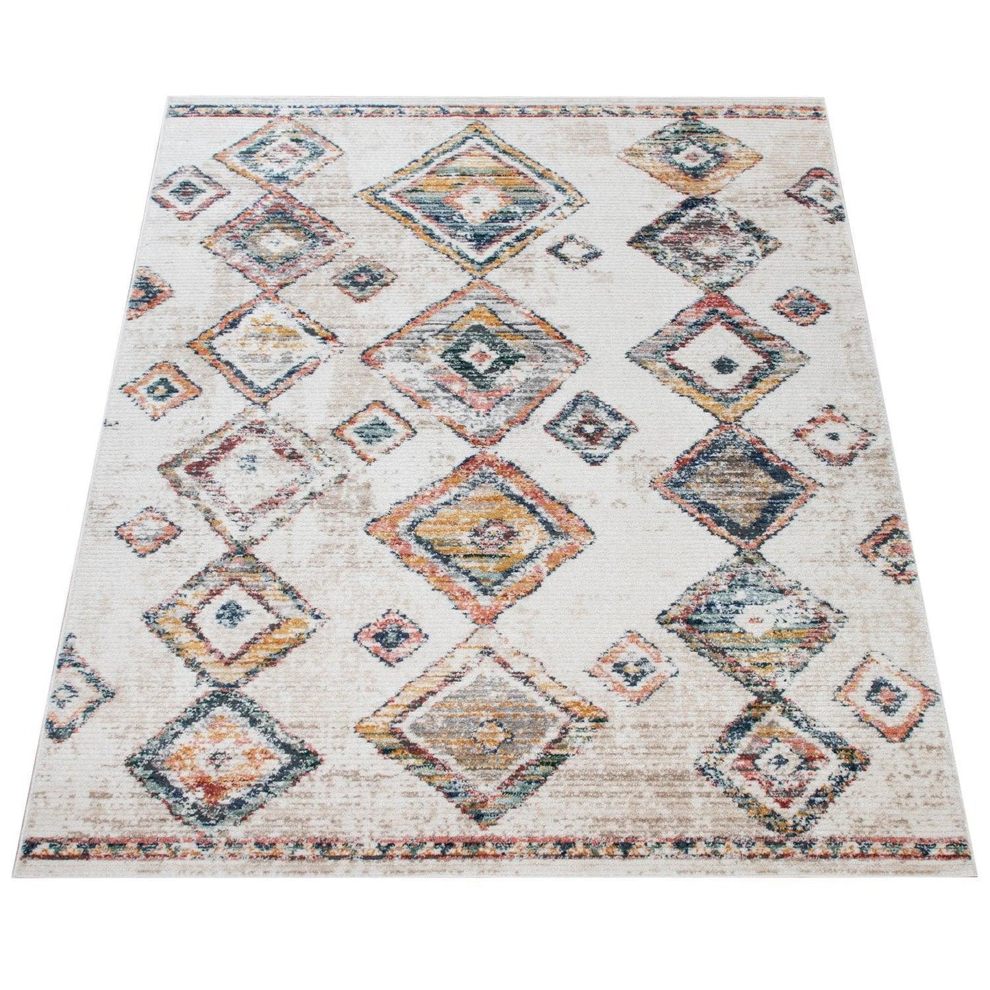 Boho Rug Cream Colorful Ethnic Diamond Pattern Ripped Design