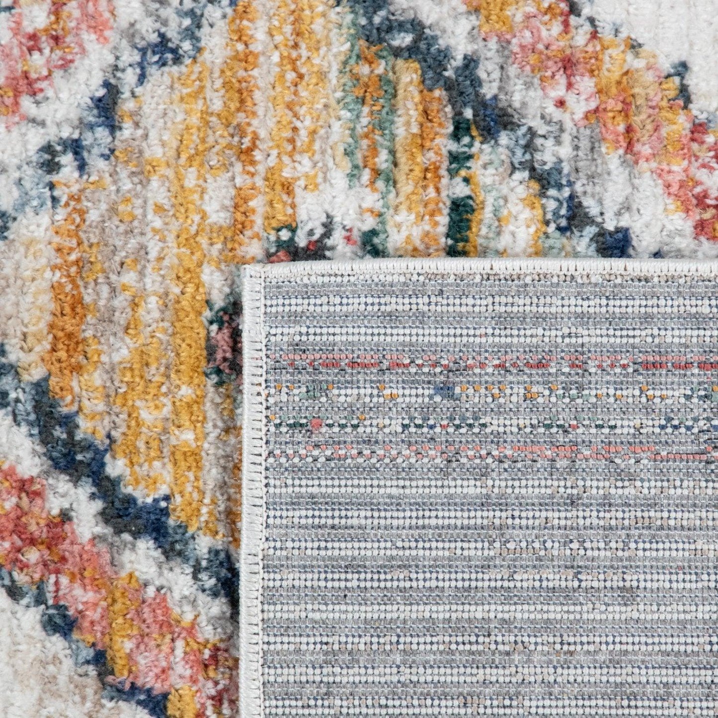 Boho Rug Cream Colorful Ethnic Diamond Pattern Ripped Design