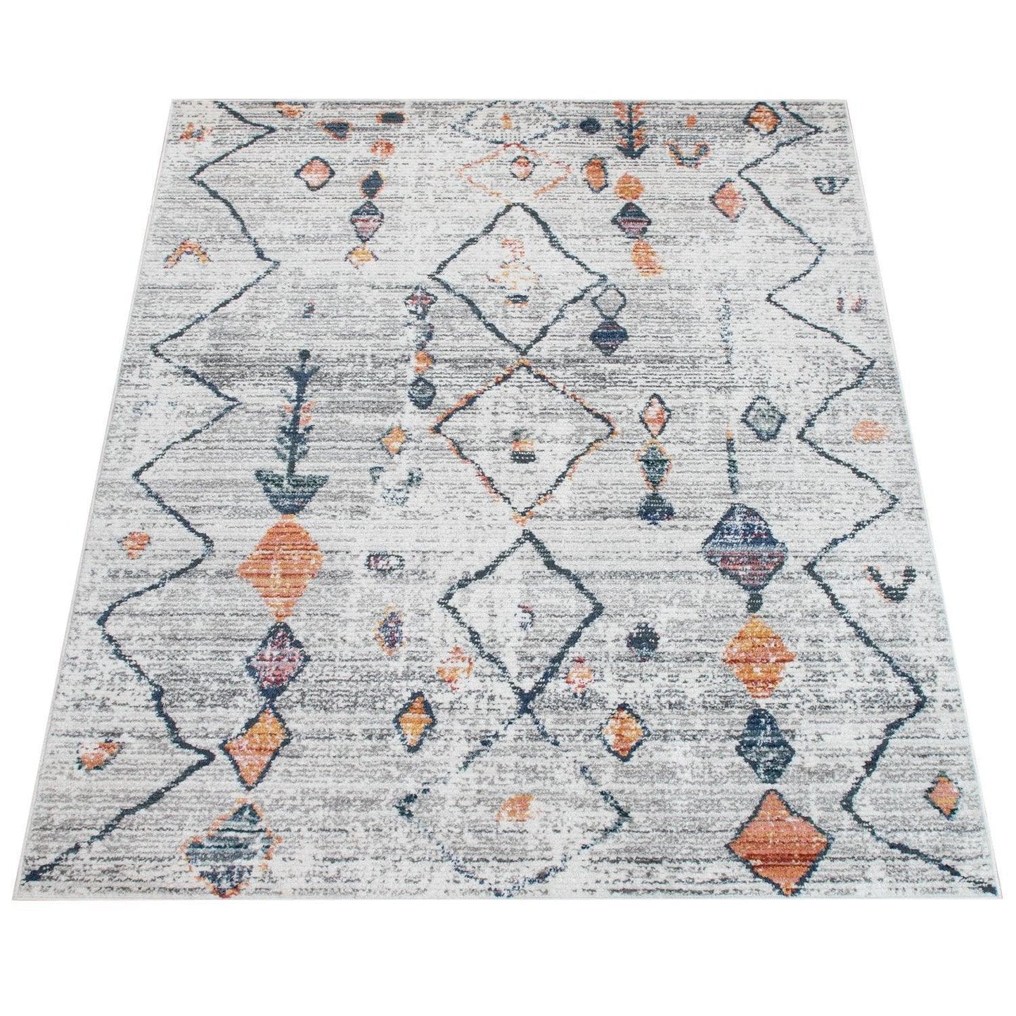 Boho Rug Cream Ethnic Diamond Pattern Modern Ripped Design