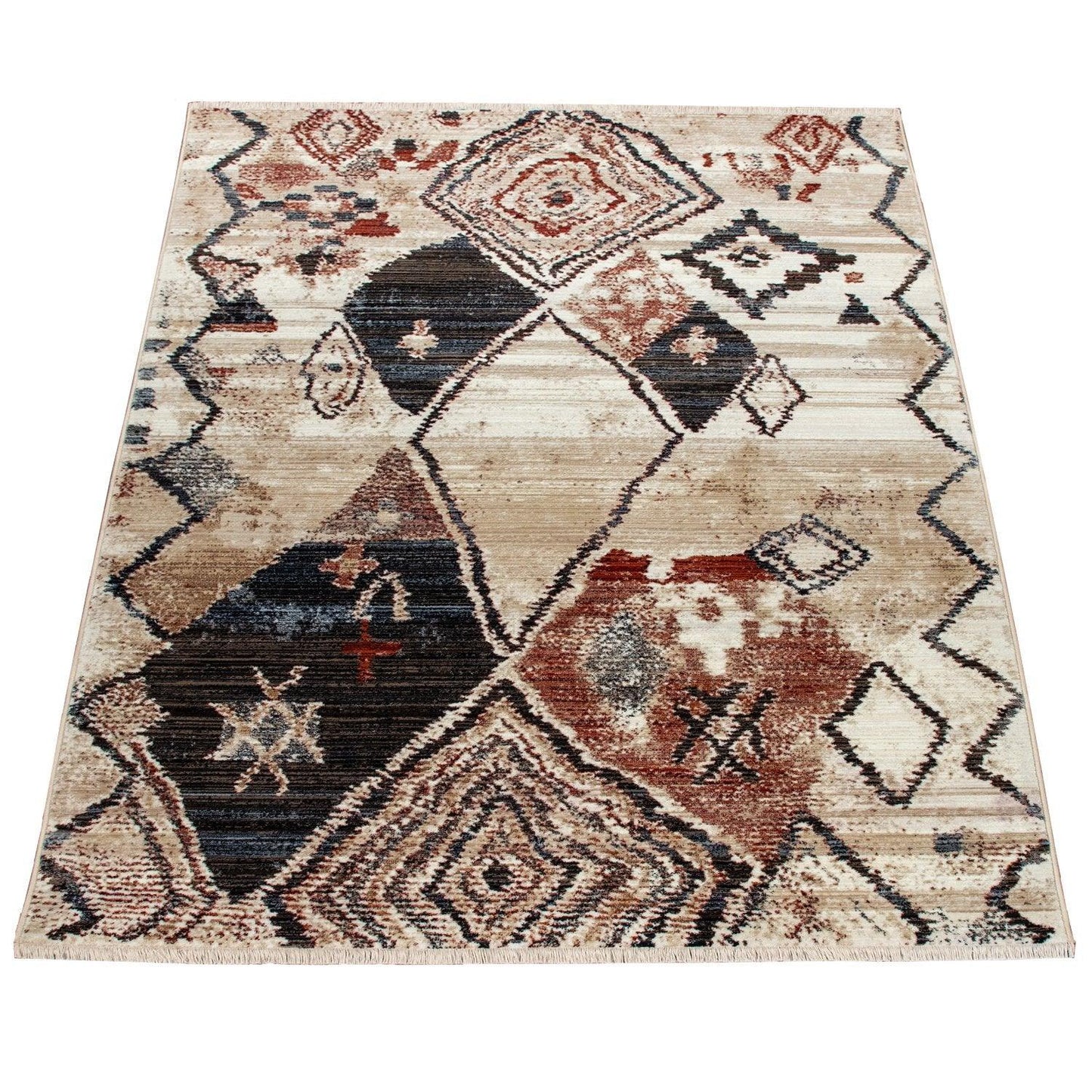 Boho Rug For Living Rooms Diamond Pattern Red Cream