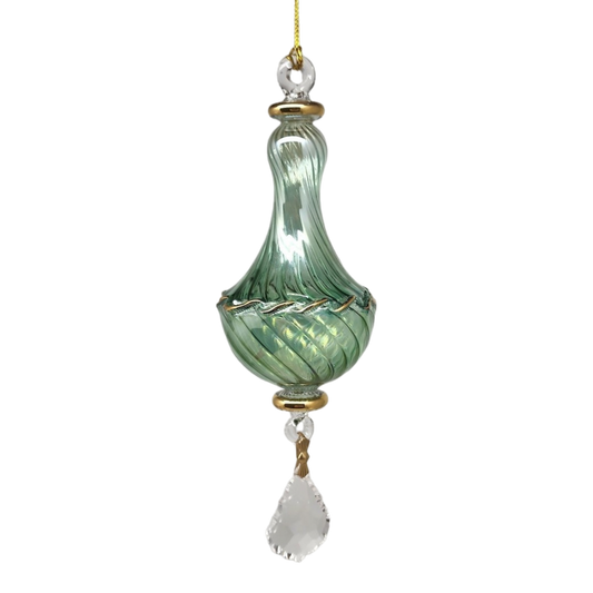 Blown Glass Twisted Chandelier Ornament with Crystal Dangle - Green