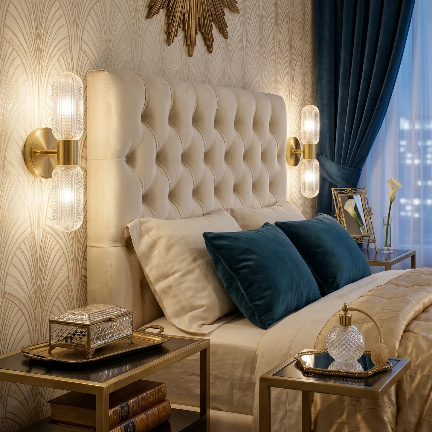 Brass Ribbed Glass Double Wall Sconce