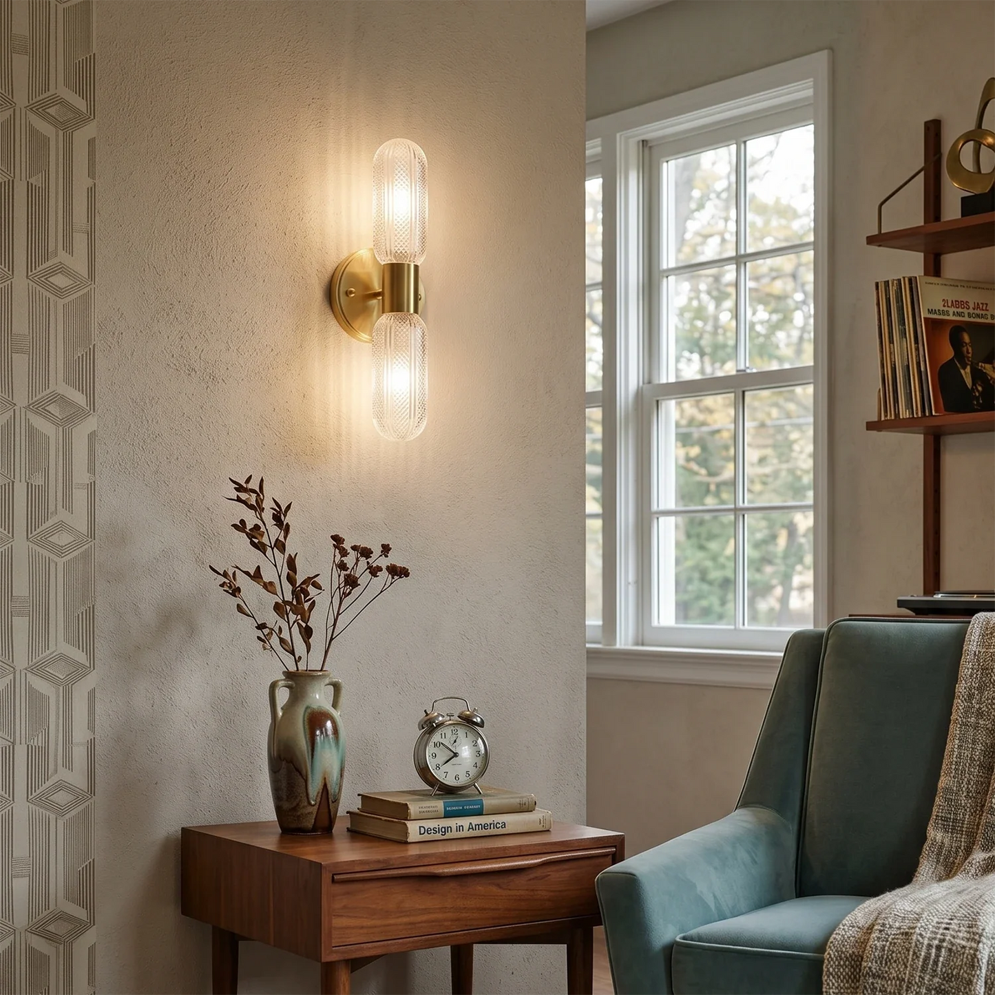 Brass Ribbed Glass Double Wall Sconce