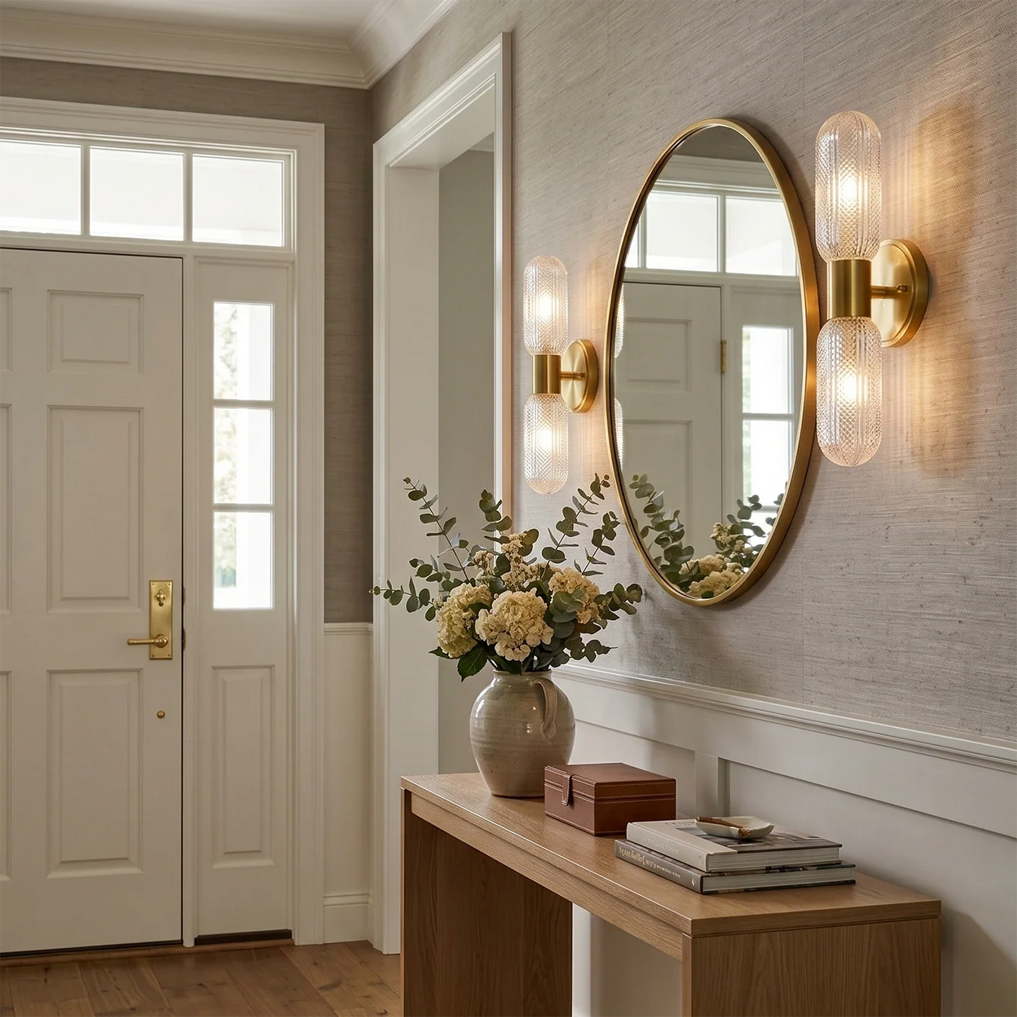 Brass Ribbed Glass Double Wall Sconce