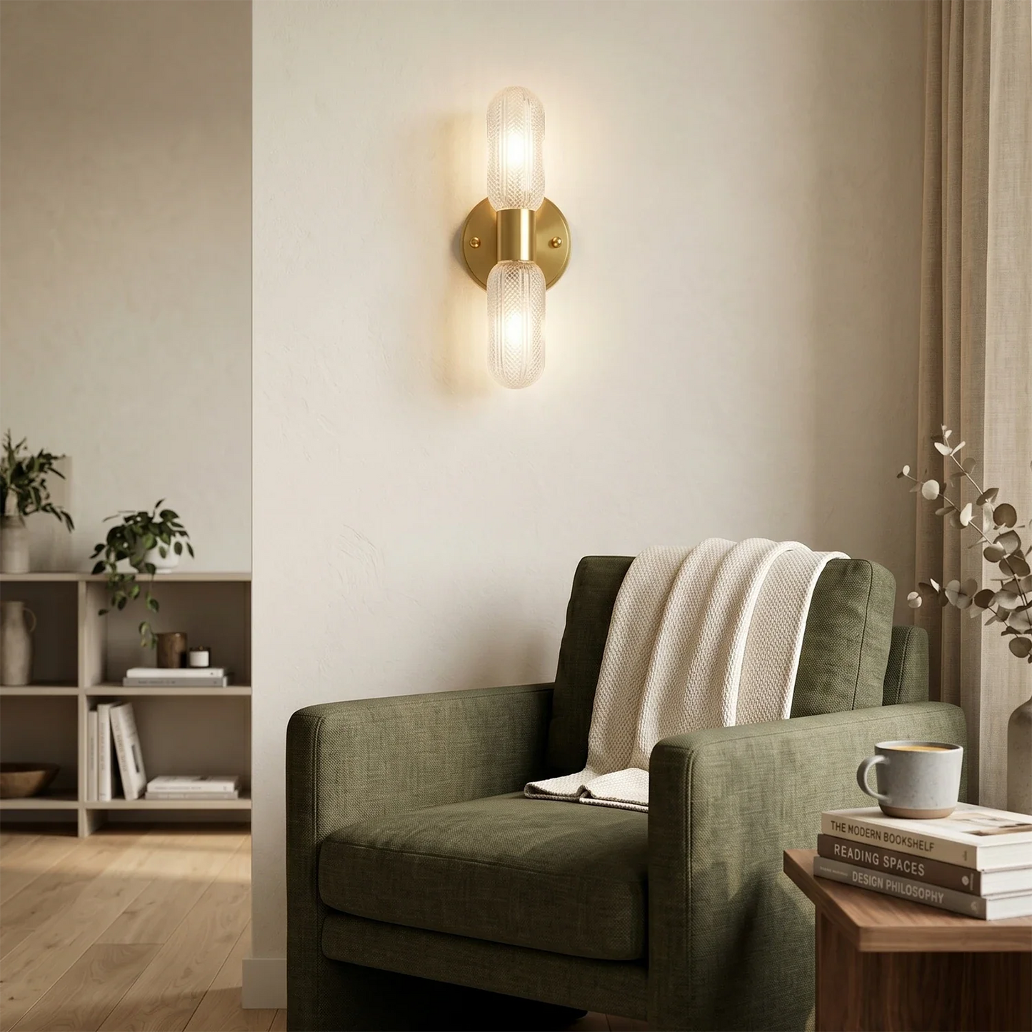 Brass Ribbed Glass Double Wall Sconce