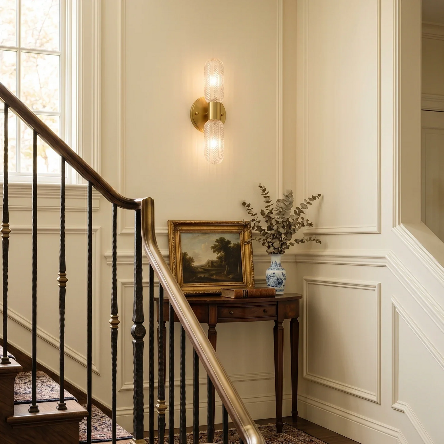 Brass Ribbed Glass Double Wall Sconce