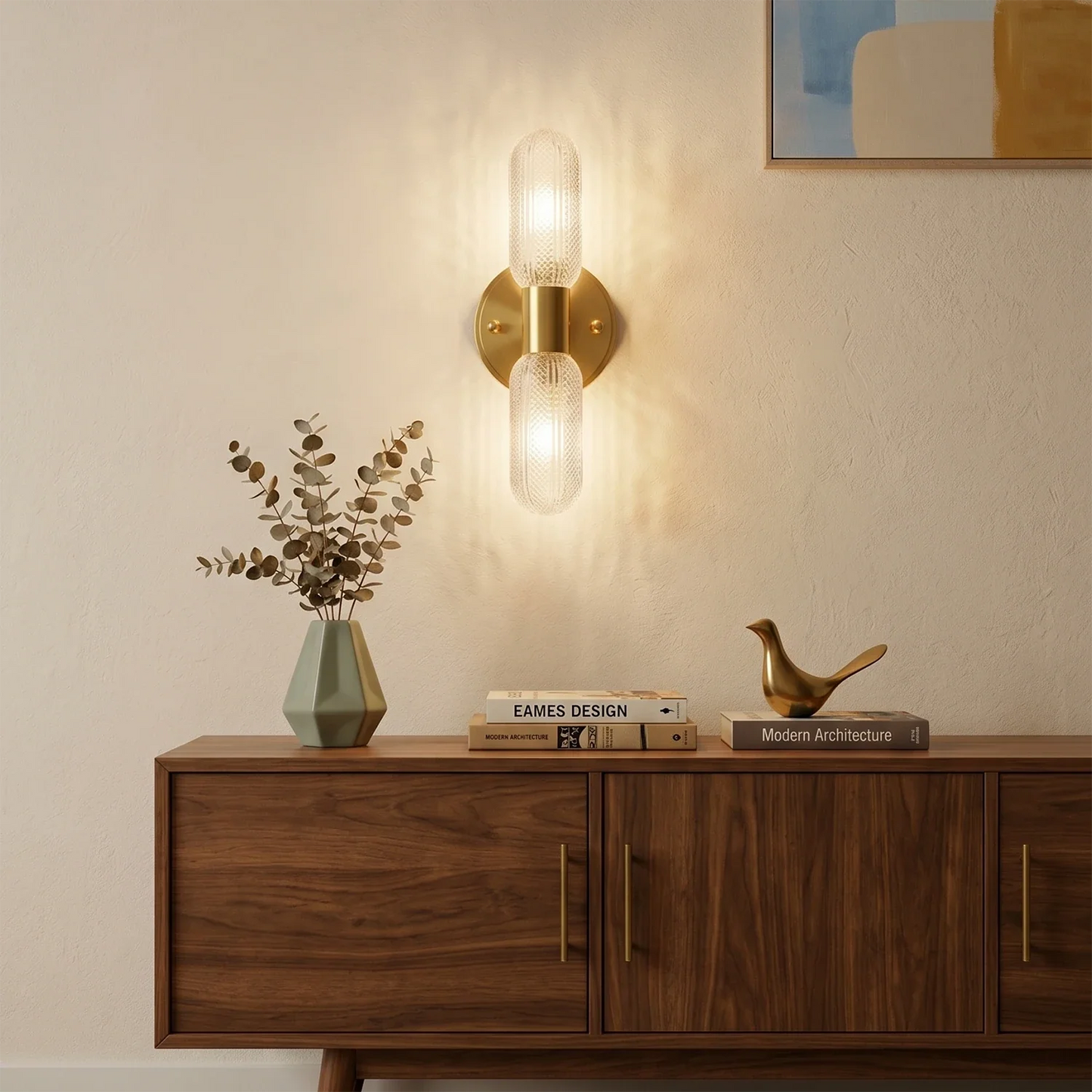 Brass Ribbed Glass Double Wall Sconce