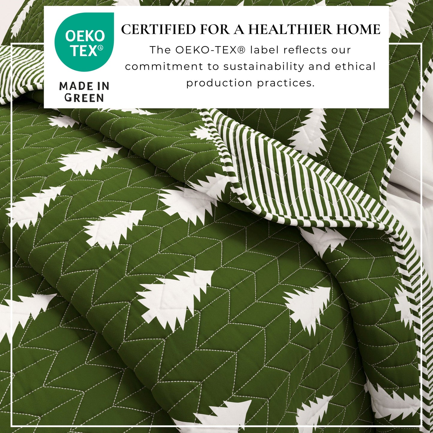 Green quilt with white tree pattern and OEKO-TEX certification label.