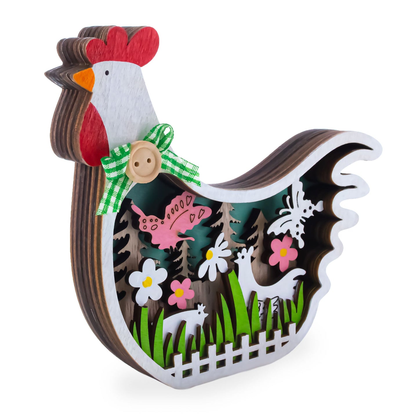 Chicken Shape Spring Garden with Butterflies and Chicks Wooden Figurine