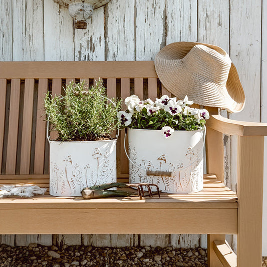 Rustic Cream Mushroom Embossed Metal Buckets, Set of Two