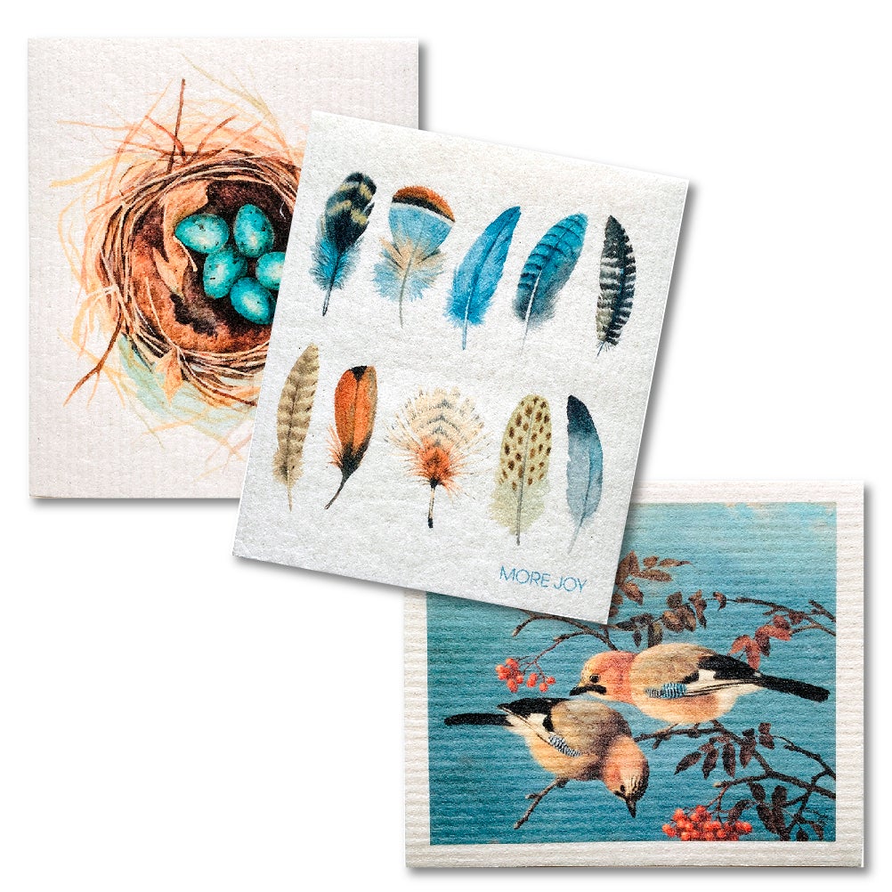Bundle of 3 Swedish Dishcloths | Nest, Feathers, Jay Birds