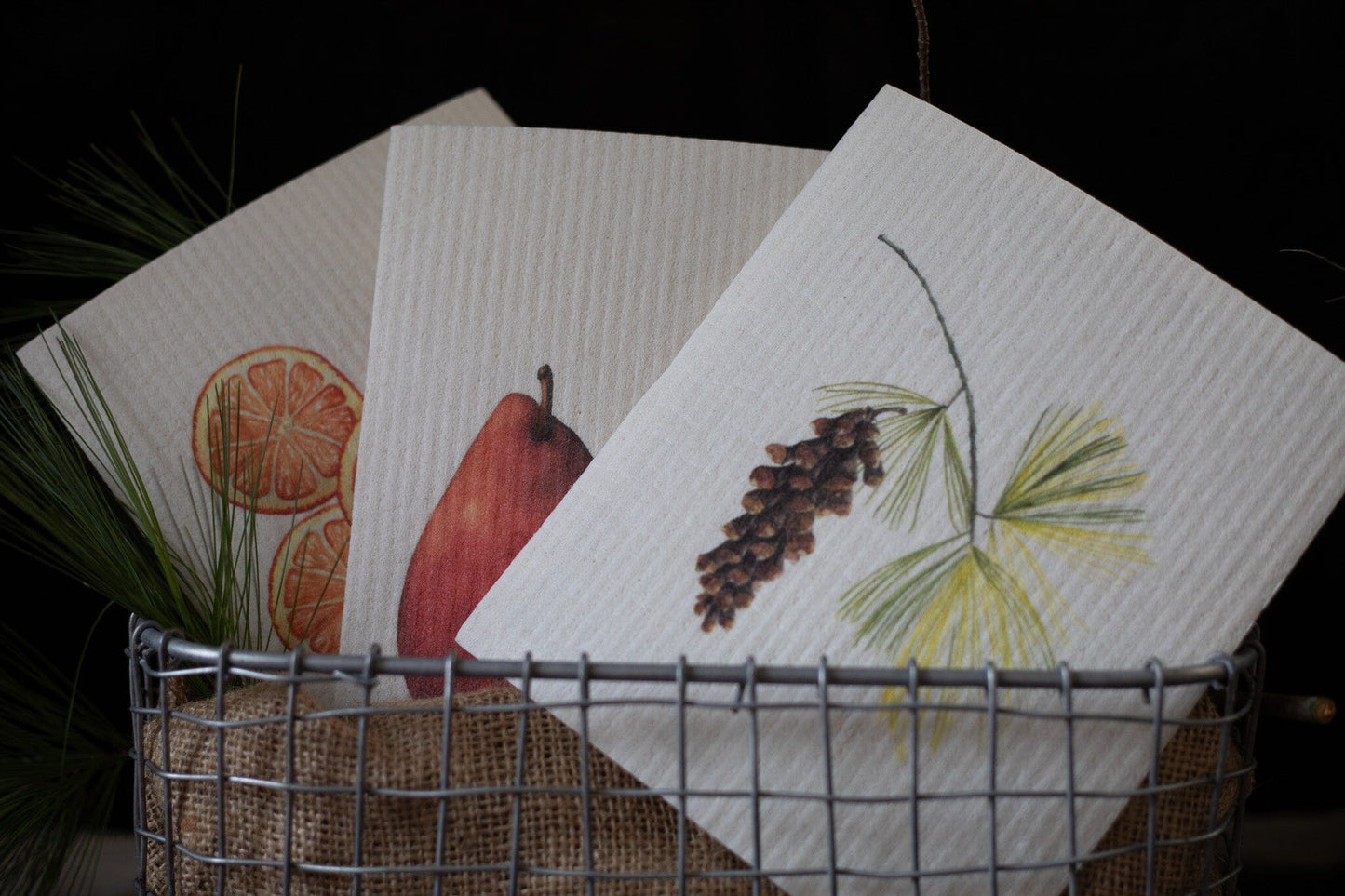 Hostess set of 3 | Pears, Tangerine, and Pinecone (Botanical artist Cara Cummings)
