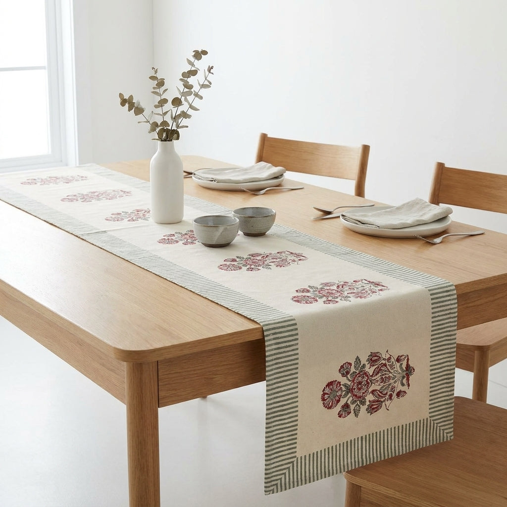 Hand Block Printed Cotton Burgundy & Charcoal Floral Bouquet 13 Pieces Table Linen Set