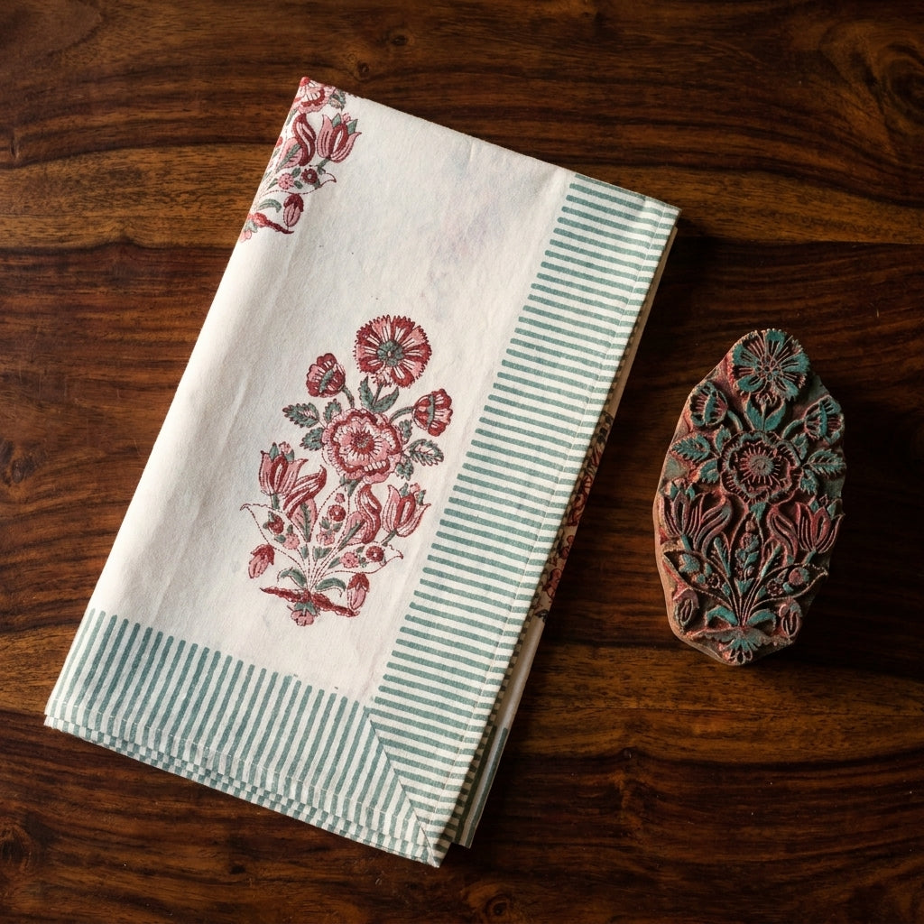 Hand Block Printed Cotton Burgundy & Charcoal Floral Bouquet 13 Pieces Table Linen Set