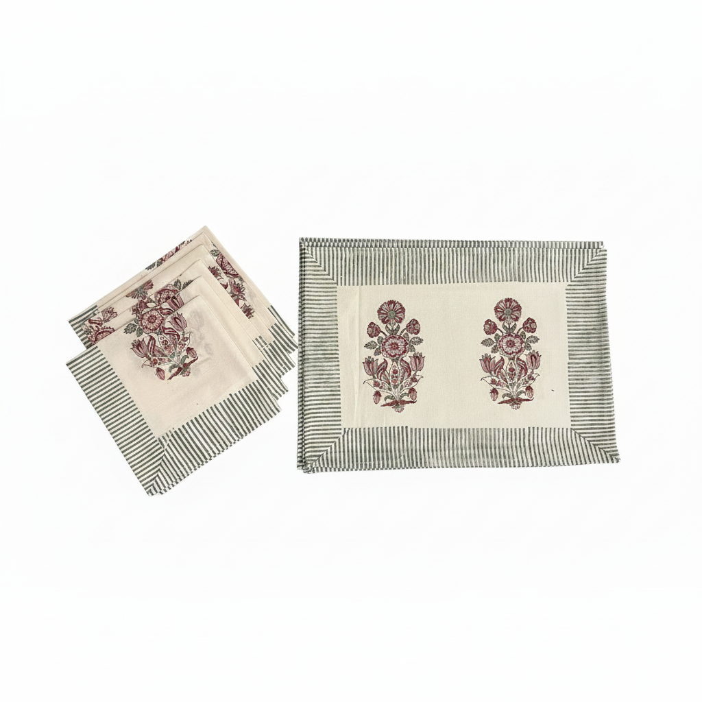 Hand Block Printed Cotton Burgundy & Charcoal Floral Bouquet 13 Pieces Table Linen Set