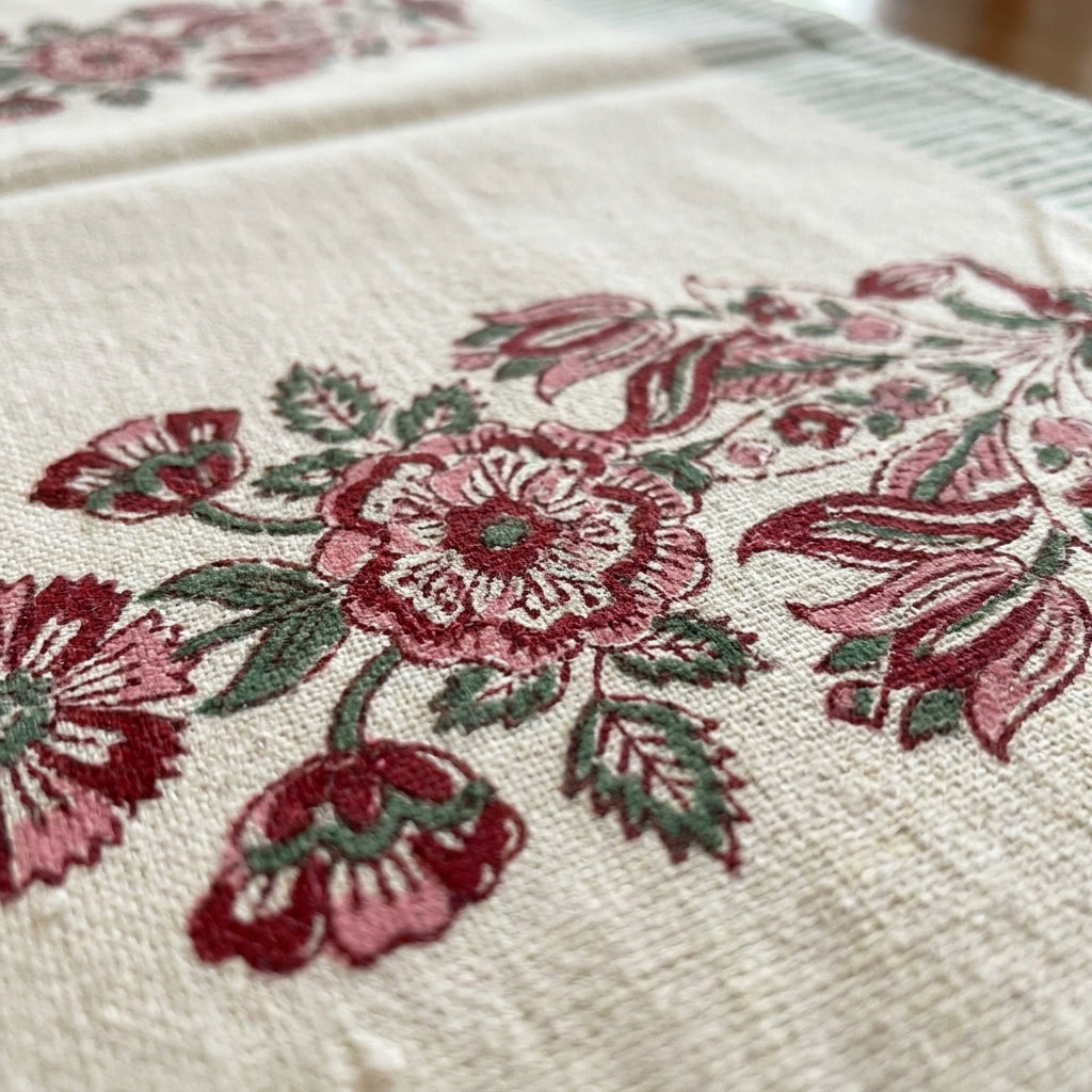 Hand Block Printed Cotton Burgundy & Charcoal Floral Bouquet 13 Pieces Table Linen Set