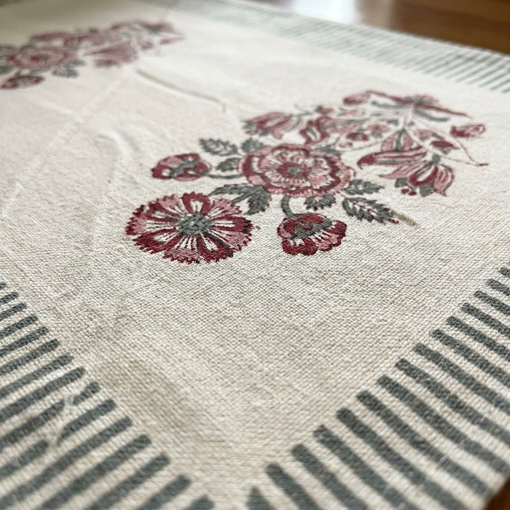 Hand Block Printed Cotton Burgundy & Charcoal Floral Bouquet 13 Pieces Table Linen Set