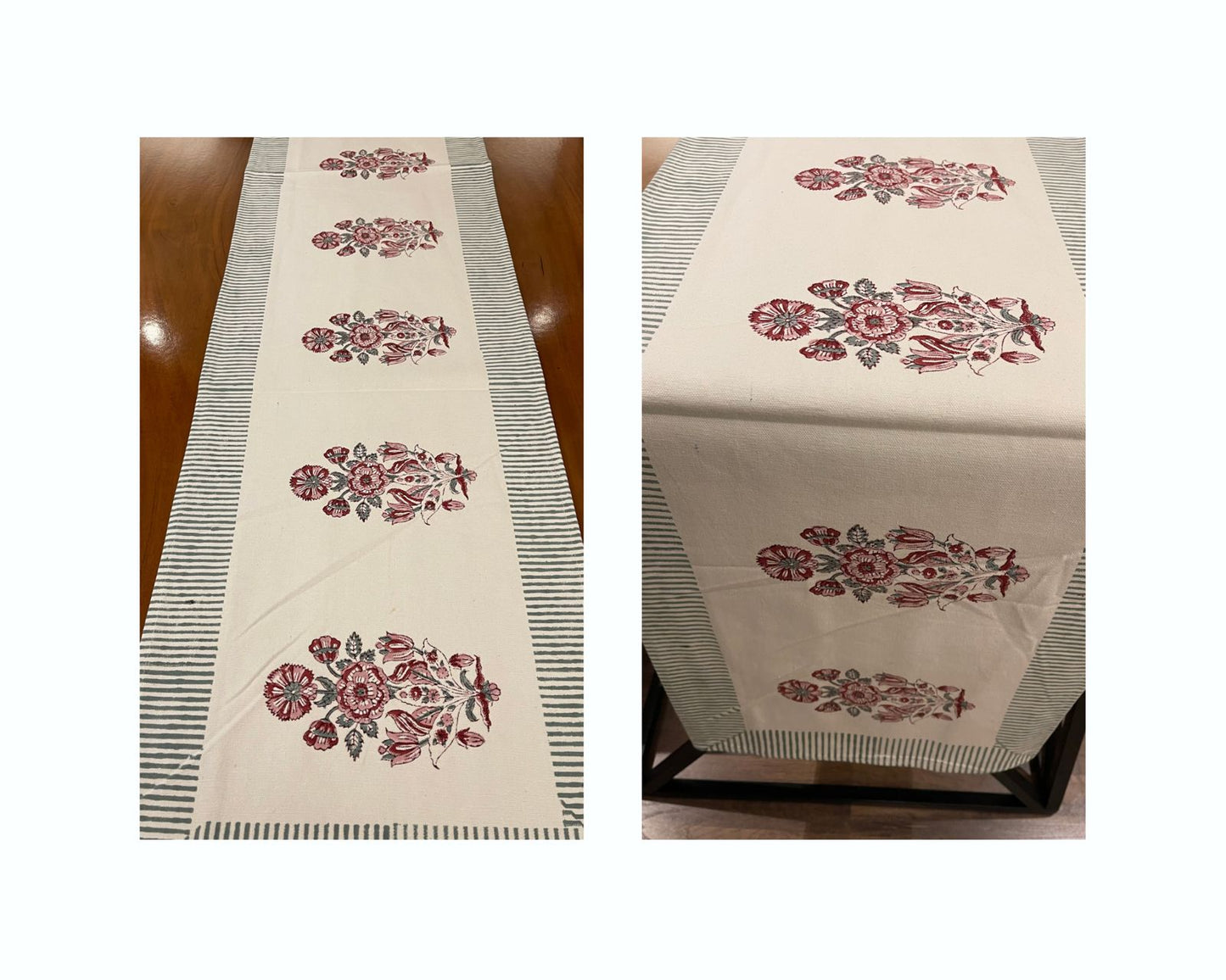 Hand Block Printed Cotton Burgundy & Charcoal Floral Bouquet 13 Pieces Table Linen Set