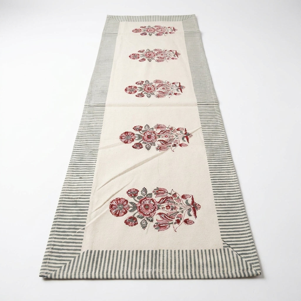 Hand Block Printed Cotton Burgundy & Charcoal Floral Bouquet 13 Pieces Table Linen Set
