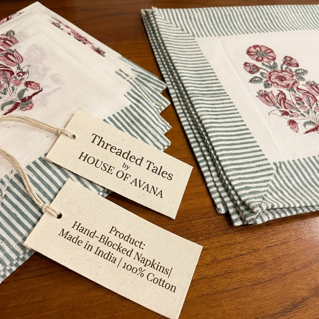 Hand Block Printed Cotton Burgundy & Charcoal Floral Bouquet 13 Pieces Table Linen Set