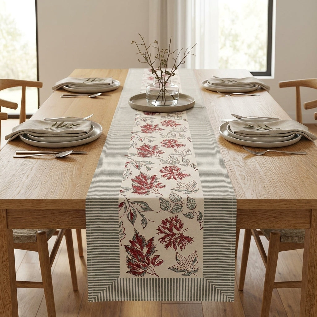 Burgundy & Slate Blue Autumn Leaf Table Linen Set – 13 Piece | Hand Block Printed Cotton | Runner, Placemats & Napkins