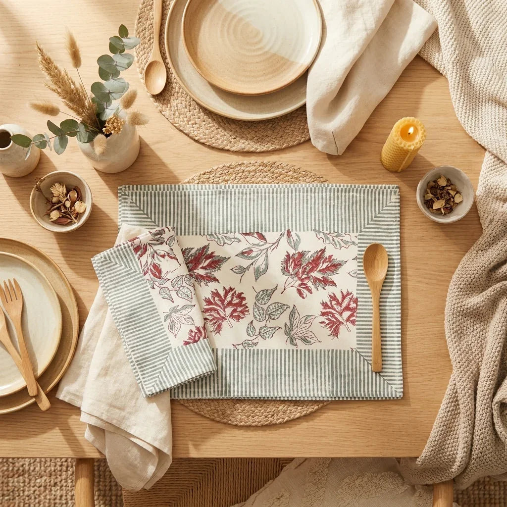 Burgundy & Slate Blue Autumn Leaf Table Linen Set – 13 Piece | Hand Block Printed Cotton | Runner, Placemats & Napkins