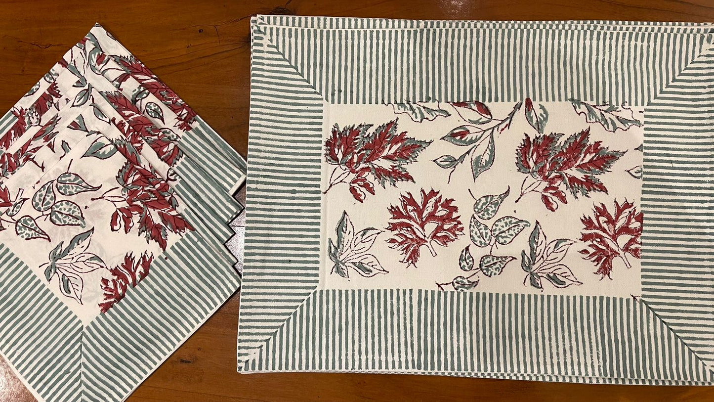 Burgundy & Slate Blue Autumn Leaf Table Linen Set – 13 Piece | Hand Block Printed Cotton | Runner, Placemats & Napkins