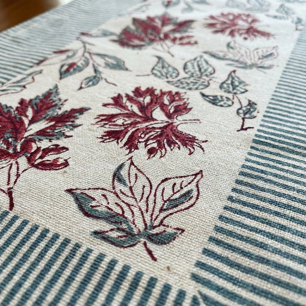 Burgundy & Slate Blue Autumn Leaf Table Linen Set – 13 Piece | Hand Block Printed Cotton | Runner, Placemats & Napkins