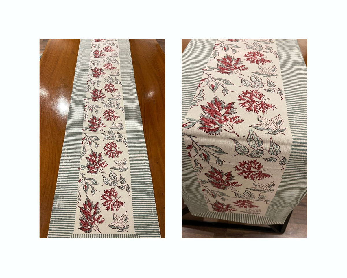 Burgundy & Slate Blue Autumn Leaf Table Linen Set – 13 Piece | Hand Block Printed Cotton | Runner, Placemats & Napkins