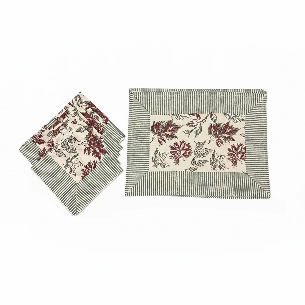 Burgundy & Slate Blue Autumn Leaf Table Linen Set – 13 Piece | Hand Block Printed Cotton | Runner, Placemats & Napkins