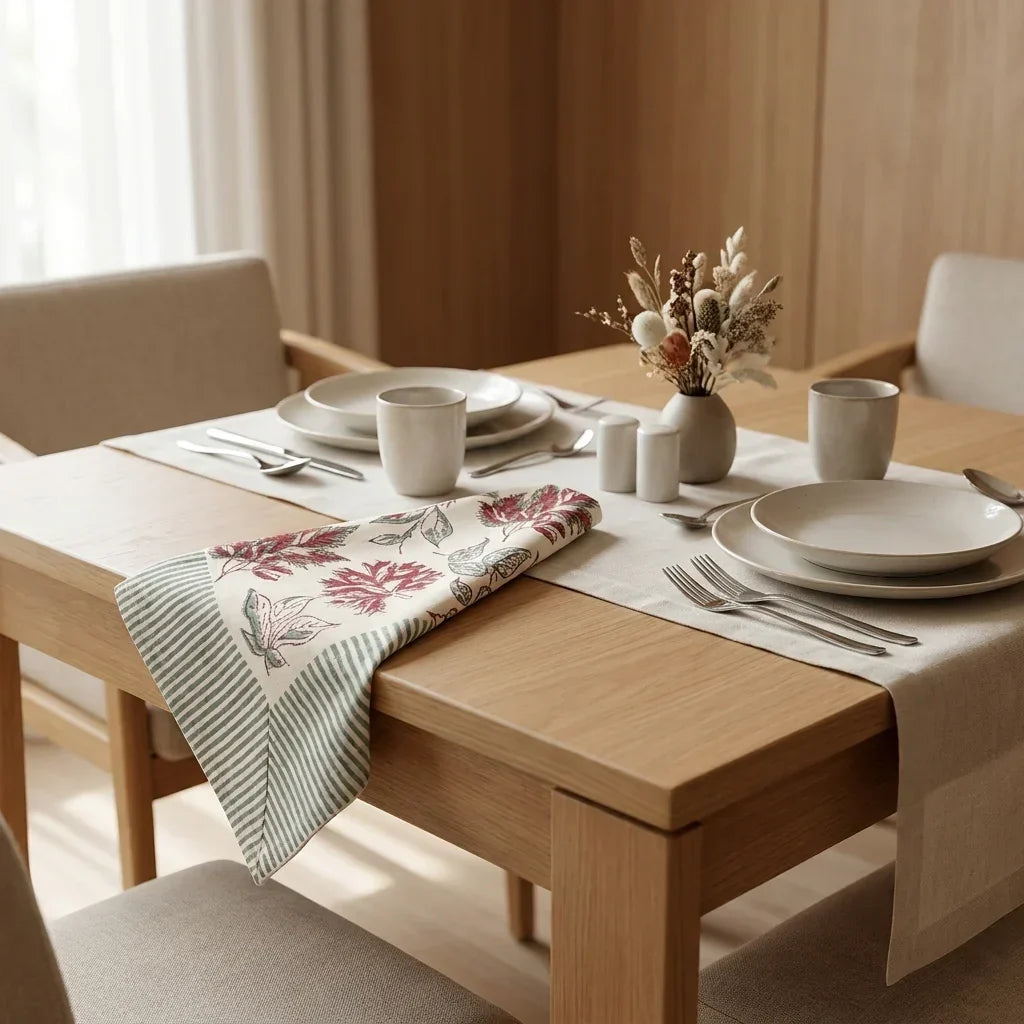Burgundy & Slate Blue Autumn Leaf Table Linen Set – 13 Piece | Hand Block Printed Cotton | Runner, Placemats & Napkins
