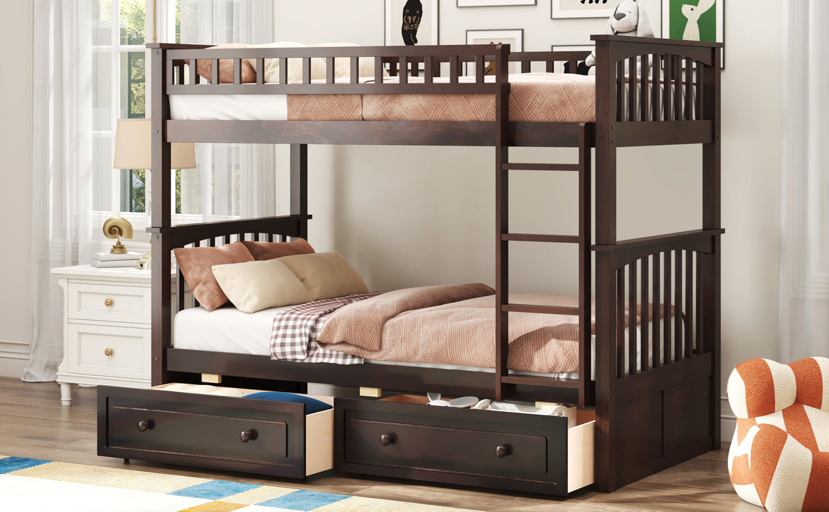 Twin Over Twin Bunk Bed with Drawers, Convertible Beds