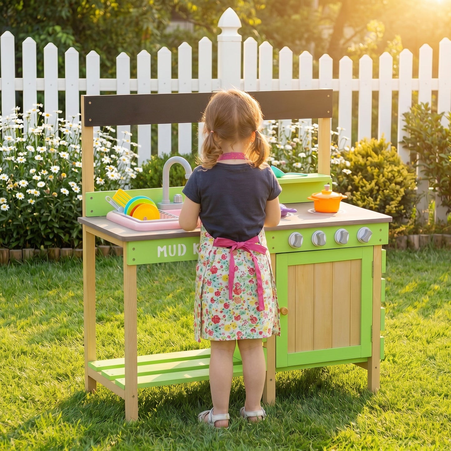 Kids Play Kitchen - Wood Mud Kitchen with Water Play Set