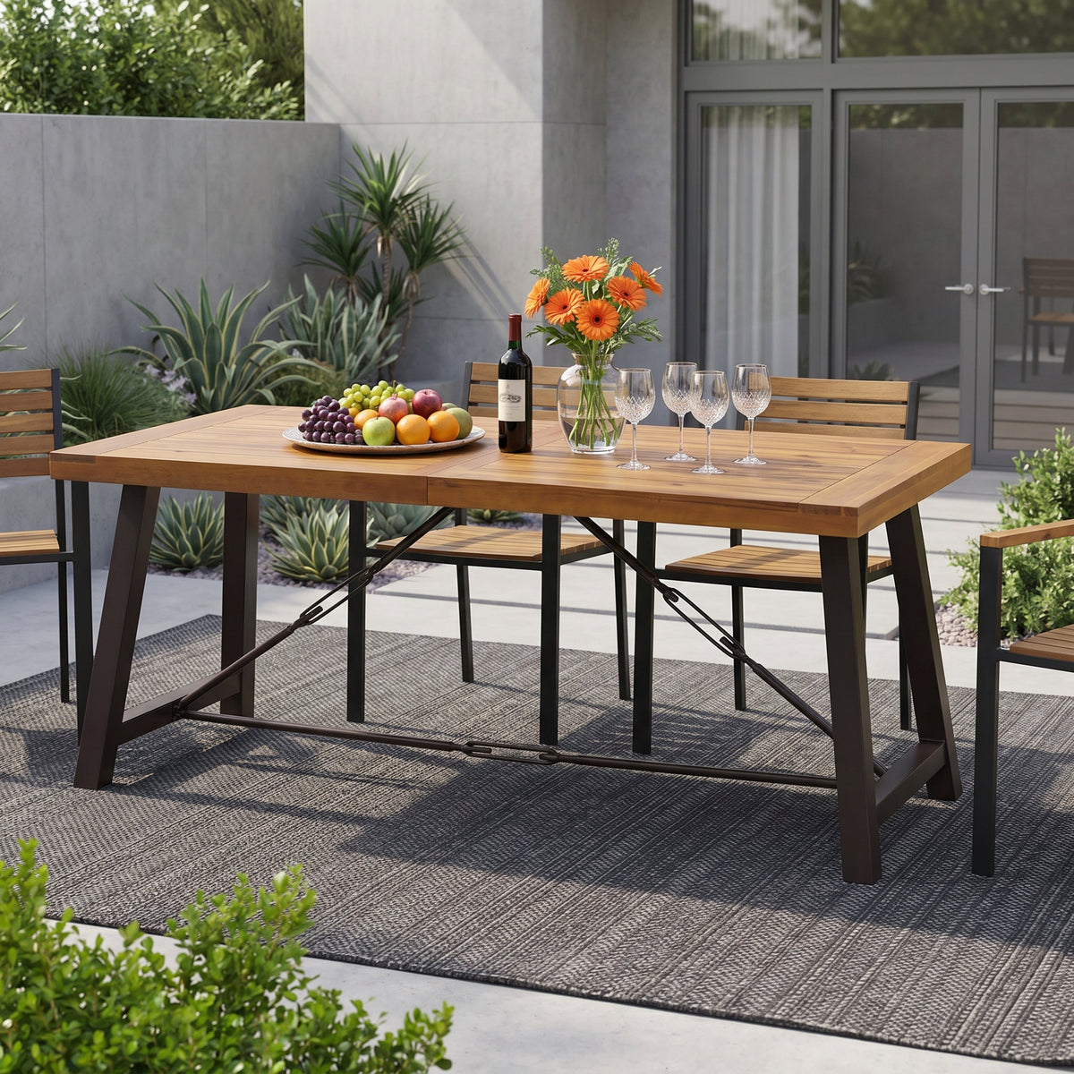 Outdoor Acacia Wood Metal Base Dining Table - Teak