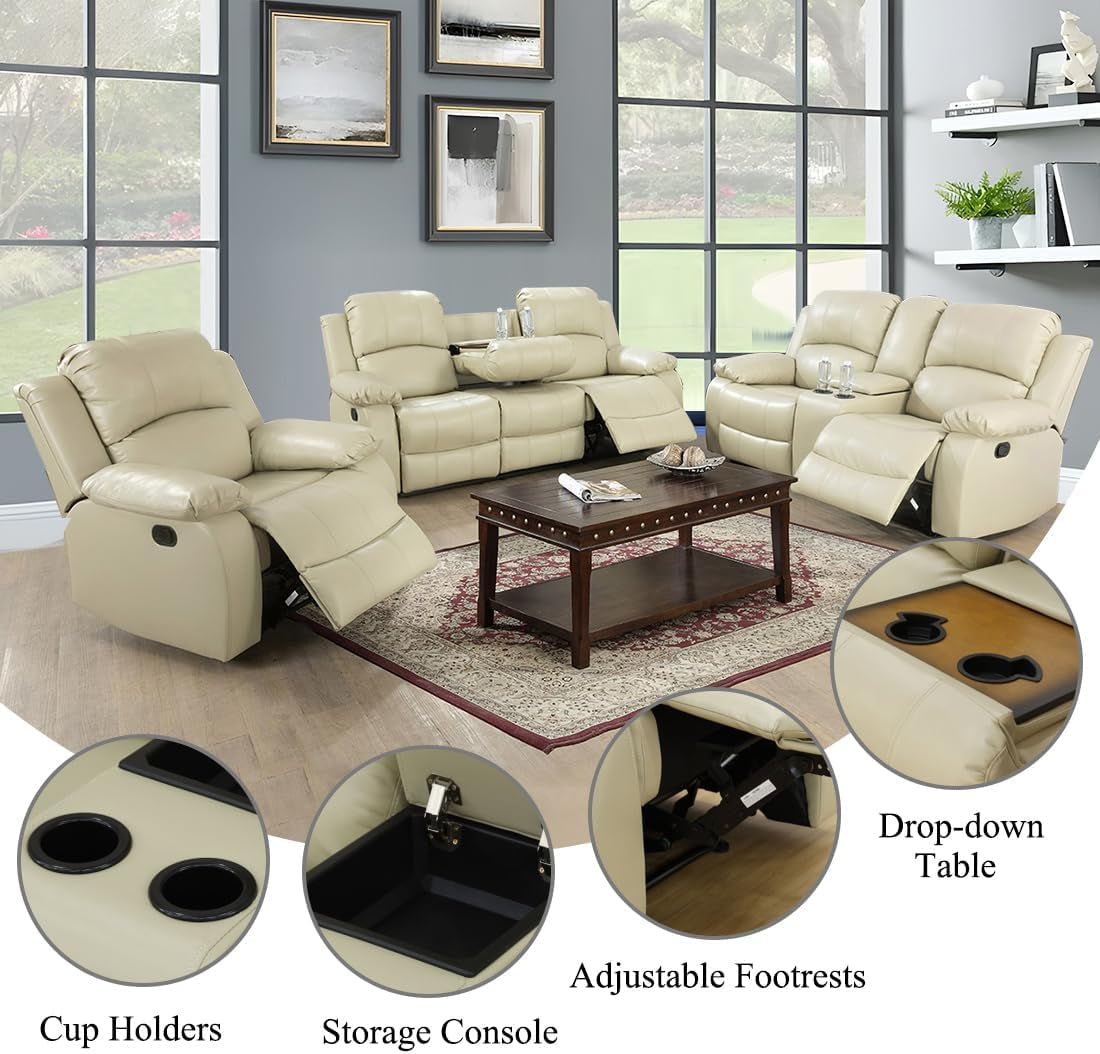 Beige 3 Piece Manual Recliner Sofa Set With Cup Holders