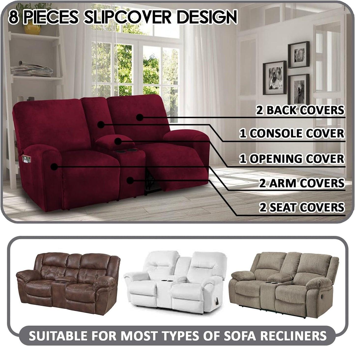 Burgundy Velvet Reclining Loveseat Slipcover Set 2 Seater Machine Washable