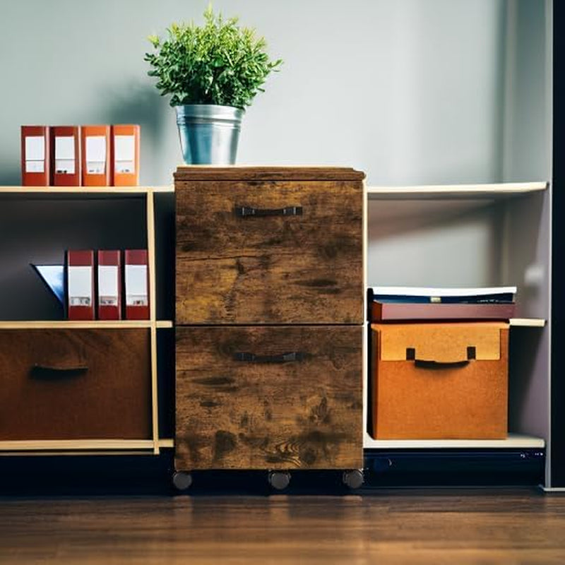 Two Drawer File Cabinet For Home Office Rolling Rustic Brown And Black Fits A4 And Letter Files